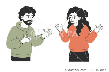 Happy Man and Woman Talking Enthusiastically. Social Interaction and Communication Concept. Friends Gesturing During Animated Conversation. Isolated flat Vector Illustration. 139463844