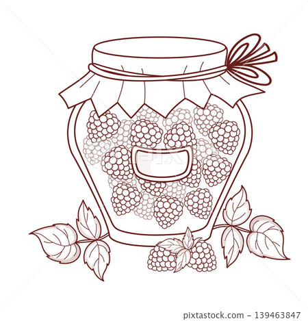 Outline Glass Jar Of Raspberry Jam. Natural Preserve With Craft Paper Lid, Berries and Leaves. Summer Fruit Vitamin Harvest. Line drawing, coloring page. Homemade Grandma recipe. Vector Illustration Outline Glass Jar Of Raspberry Jam. Natural Preserve With Craft Paper Lid, Berries and Leaves. Summer Fruit Vitamin Harvest. Line drawing, coloring page. Homemade Grandma recipe. Vector Illustration 139463847