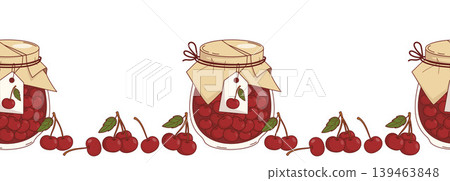 Seamless Border with Cherry Homemade Jam Jars and Fresh Berries. Botanical Fruit Horizontal Kitchen Textile Ribbon. Washi Tape Design Background. Vector Illustration. Website Header. Seamless Border with Cherry Homemade Jam Jars and Fresh Berries. Botanical Fruit Horizontal Kitchen Textile Ribbon. Washi Tape Design Background. Vector Illustration. Website Header. 139463848