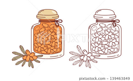 Sea Buckthorn Berries in Glass Jar. Homemade Orange Jam Set. Color and Line Art Versions of Preserves. Outline drawing, coloring page. Isolated Vector Illustration. Vitamin rustic Eco harvest Sea Buckthorn Berries in Glass Jar. Homemade Orange Jam Set. Color and Line Art Versions of Preserves. Outline drawing, coloring page. Isolated Vector Illustration. Vitamin rustic Eco harvest 139463849