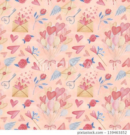 Watercolor valentine seamless pattern with hearts, balloons, envelopes and flowers. Hand drawn romantic cute background Watercolor valentine seamless pattern with hearts, balloons, envelopes and flowers. Hand drawn romantic cute background 139463852