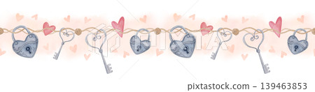 Watercolor seamless border with rope, keys and heart locks, hand drawn romantic valentine ribbon illustration isolated on white 139463853