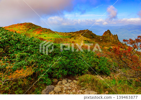 Mount Bandai: Autumn foliage along the hiking trail and Lake Hibara in the distance, viewed from a flower field. Autumn scenery in October. Fukushima Prefecture. 139463877