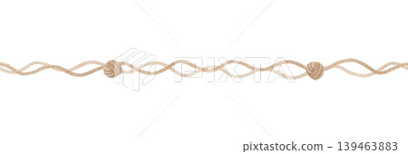 Watercolor seamless rope border with knots isolated on white. Hand drawn rustic nautical trim ribbon minimal decorative line Watercolor seamless rope border with knots isolated on white. Hand drawn rustic nautical trim ribbon minimal decorative line 139463883