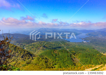 A spectacular view of Lake Hibara from the hiking trail of Mount Bandai, featuring autumn foliage and cliffs in October, Fukushima Prefecture. A spectacular view of Lake Hibara from the hiking trail of Mount Bandai, featuring autumn foliage and cliffs in October, Fukushima Prefecture. 139463892