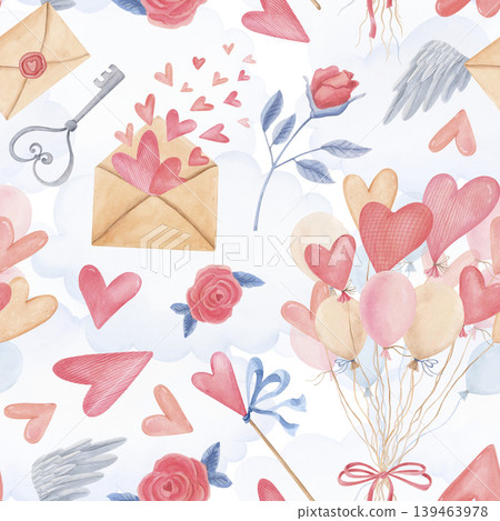 Watercolor valentine seamless pattern with hearts, balloons, envelopes and flowers. Hand drawn romantic cute background Watercolor valentine seamless pattern with hearts, balloons, envelopes and flowers. Hand drawn romantic cute background 139463978