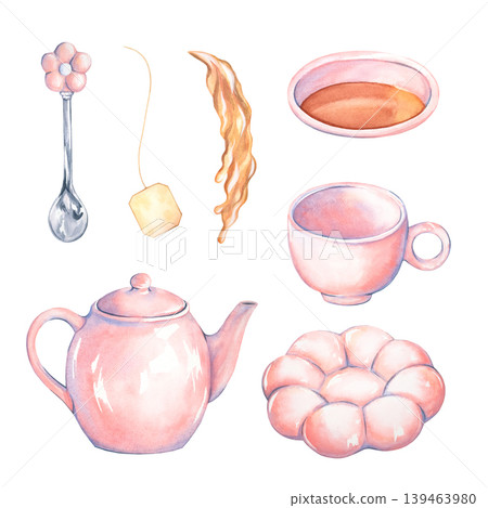 A pink watercolor tea or coffee set for morning tea or coffee. Teapot, mug, saucer, and spoon. A cute hand-drawn tea set. Pastel-colored toy tableware for girls. Ceramic kitchenware isolated A pink watercolor tea or coffee set for morning tea or coffee. Teapot, mug, saucer, and spoon. A cute hand-drawn tea set. Pastel-colored toy tableware for girls. Ceramic kitchenware isolated 139463980