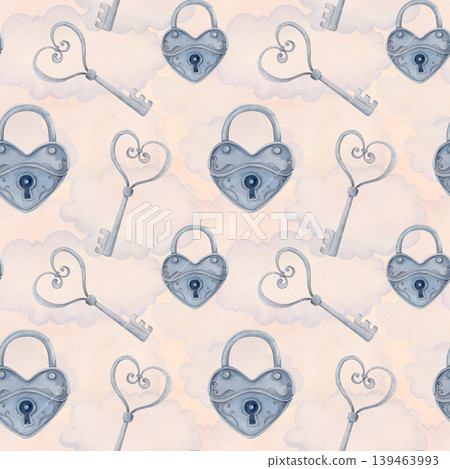 Watercolor valentine seamless pattern with vintage keys and heart locks on clouds, hand drawn romantic design for textile, paper. Watercolor valentine seamless pattern with vintage keys and heart locks on clouds, hand drawn romantic design for textile, paper. 139463993