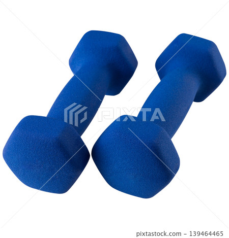 Blue neoprene dumbbells for aerobics and fitness training, soft touch grip. Blue neoprene dumbbells for aerobics and fitness training, soft touch grip. 139464465