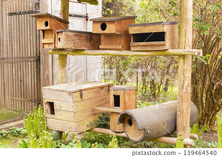 Several wooden birdhouses are arranged on a wooden structure in a garden. The birdhouses vary in shapes and sizes, surrounded by greenery. Sunlight is present Several wooden birdhouses are arranged on a wooden structure in a garden. The birdhouses vary in shapes and sizes, surrounded by greenery. Sunlight is present 139464540