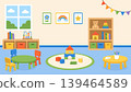 Kids activity room and playroom interior with toys, baby crib and colorful decor vector. 139464589