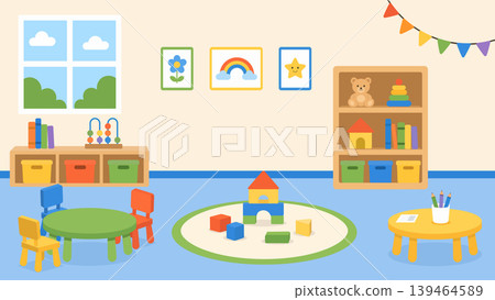 Kids activity room and playroom interior with toys, baby crib and colorful decor vector. 139464589