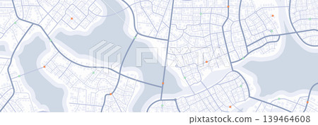 Extensive city scheme featuring points of interest. Abstract navigation plan of the urban area. General city map indicating streets, roads, and buildings. Colored flat, editable vector illustration Extensive city scheme featuring points of interest. Abstract navigation plan of the urban area. General city map indicating streets, roads, and buildings. Colored flat, editable vector illustration 139464608