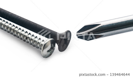Construction screws and screwdriver on white isolated background Construction screws and screwdriver on white isolated background 139464644