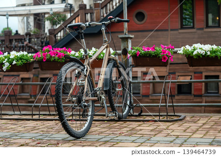 Bicycle parked near colorful flowers in Skopje during a sunny day Bicycle parked near colorful flowers in Skopje during a sunny day 139464739