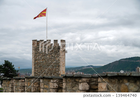 View of the fortress in Skopje with the national flag flying on a cloudy day View of the fortress in Skopje with the national flag flying on a cloudy day 139464740