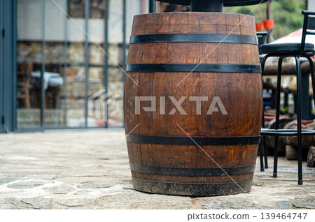Wooden barrel placed outside a cafe in Skopje North Macedonia during the afternoon Wooden barrel placed outside a cafe in Skopje North Macedonia during the afternoon 139464747