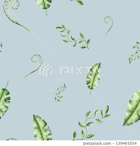 Branch with leaves. Watercolor seamless pattern, hand drawn pastel climbing green liana. Isolated botanical illustration on transparent background. Perfect for tropical design projects. For designers 139465054