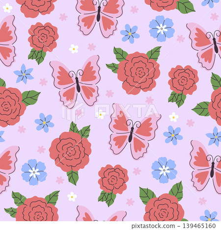 Seamless pattern with roses and butterflies. Vector graphics. Seamless pattern with roses and butterflies. Vector graphics. 139465160