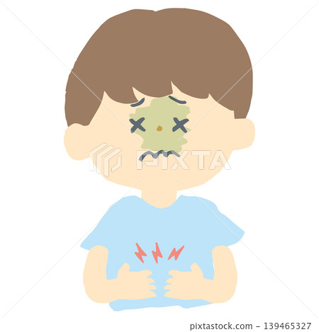 食物中毒/腸胃炎症狀圖示：兒童胃部不適和腹痛（適用於幼兒園、日託中心和兒科診所）。 139465327