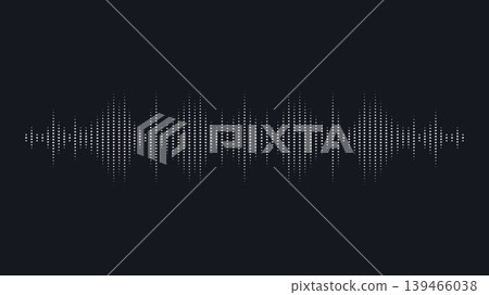 Digital sound wave waveform made of white dots on dark background 139466038