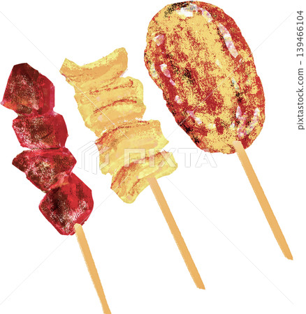 Assorted grilled chicken skewers: liver, meatballs, cartilage Assorted grilled chicken skewers: liver, meatballs, cartilage 139466104