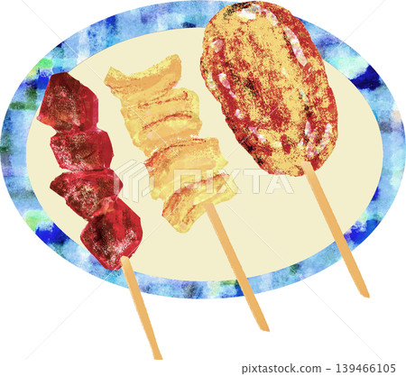 Assorted grilled chicken skewers: liver, meatballs, cartilage Assorted grilled chicken skewers: liver, meatballs, cartilage 139466105