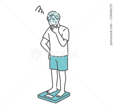 An illustration of a senior man (average build) who is shocked after having his weight measured. An illustration of a senior man (average build) who is shocked after having his weight measured. 139466235