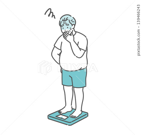 An illustration of a senior man (obese) who is shocked after having his weight measured. An illustration of a senior man (obese) who is shocked after having his weight measured. 139466243