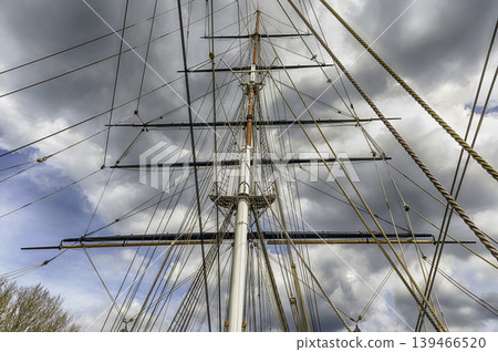 Detail of the cordage of a sailing ship, London, Uk 139466520