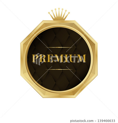 Premium gold badge, crowned premium certification label, and quality assurance medal. 139466633