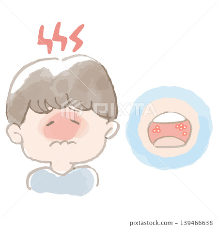 水彩風格插圖,描繪皰疹性咽峽炎的症狀:兒童喉嚨痛和發燒。觸感柔和。適用於幼兒園和診所。 水彩風格插圖,描繪皰疹性咽峽炎的症狀:兒童喉嚨痛和發燒。觸感柔和。適用於幼兒園和診所。 139466638