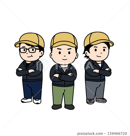 Vector illustration of a team of workers wearing hats, and a site staff member standing with their arms crossed. 139466720