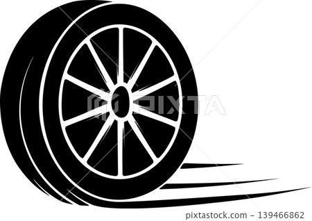 A silhouette image of a car tire rotating with a sense of speed. A silhouette image of a car tire rotating with a sense of speed. 139466862