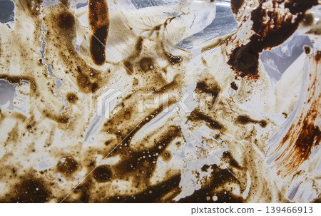 Macro view of water droplets on very dirty glass creating natural abstract patterns. It is ideal for texture backgrounds and modern design elements. 139466913