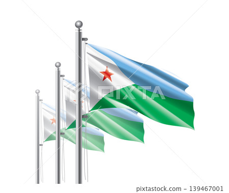 Brightly shining Djibouti flags wave proudly on tall masts during official celebration events 139467001
