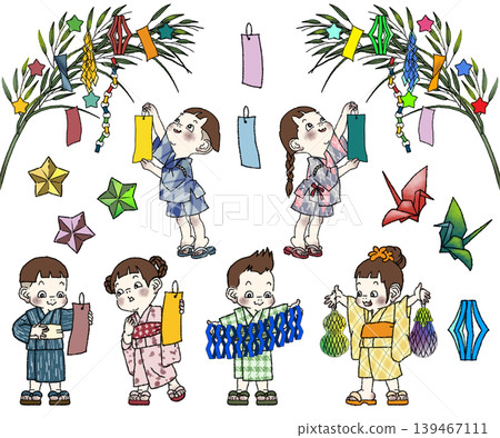 身著甚平浴衣的男孩女孩們正在裝飾七夕的牆壁。 139467111