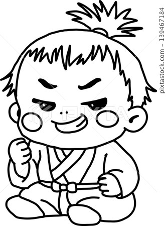 一位自信的小武士插圖(線描,著色頁),他擺出勝利的姿勢,帶著得意的表情,穿著傳統的日本服裝。 一位自信的小武士插圖(線描,著色頁),他擺出勝利的姿勢,帶著得意的表情,穿著傳統的日本服裝。 139467184