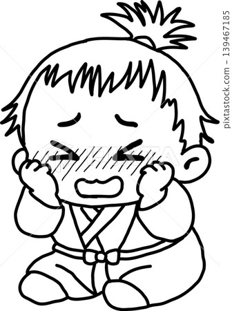 A line drawing of a blushing baby samurai, perfect for coloring. The child, wearing traditional Japanese clothing, is embarrassed and blushing. A line drawing of a blushing baby samurai, perfect for coloring. The child, wearing traditional Japanese clothing, is embarrassed and blushing. 139467185