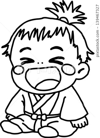一幅大笑的小武士插圖(線條描寫、著色頁、滑稽、微笑、穿著和服的孩子) 一幅大笑的小武士插圖(線條描寫、著色頁、滑稽、微笑、穿著和服的孩子) 139467327