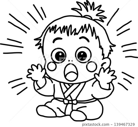 An illustration of a surprised baby samurai (line drawing, coloring page). A child in traditional Japanese clothing is shown in a kimono, expressing surprise, shock, and astonishment. An illustration of a surprised baby samurai (line drawing, coloring page). A child in traditional Japanese clothing is shown in a kimono, expressing surprise, shock, and astonishment. 139467329