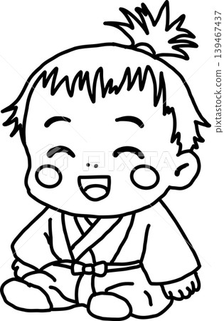 微笑的小武士插圖,線條畫,可用於著色,兒童穿著傳統日本服裝。 微笑的小武士插圖,線條畫,可用於著色,兒童穿著傳統日本服裝。 139467437