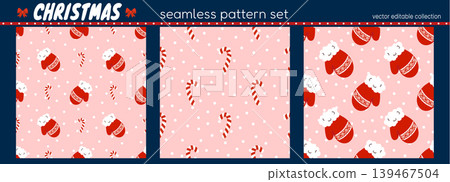 Santa bg seamless socks pattern for festive christmas hat cover. Design vector sock pattern with fun gloves and traditional bow. Details for holiday cane motif candy cane accents. Santa bg seamless socks pattern for festive christmas hat cover. Design vector sock pattern with fun gloves and traditional bow. Details for holiday cane motif candy cane accents. 139467504