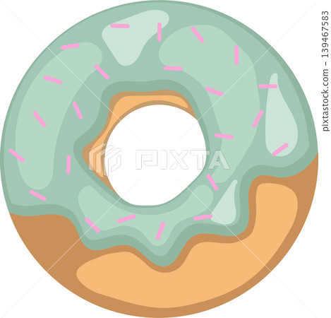 An illustration of a soft golden-brown donut topped with glossy green matcha icing and sprinkles. An illustration of a soft golden-brown donut topped with glossy green matcha icing and sprinkles. 139467583