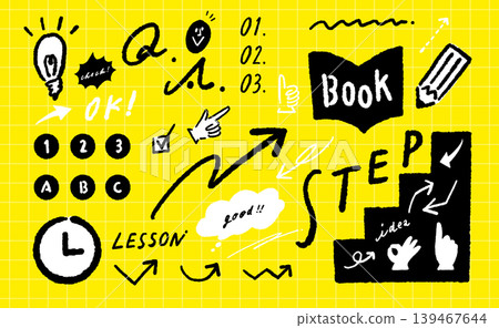 A set of illustration icons featuring arrows, numbers, and handwritten letters, all inspired by studying. 139467644