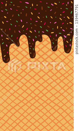 Melting chocolate vector ice cream with sugar sprinkles and waffle cone pattern, vertical summer background for product and package design 139467791