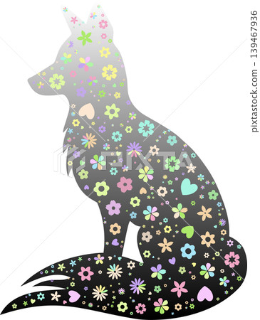 Silhouette of a fox with white and black gradation color, filled with colorful floral design against a black background, used for wallpaper, background, and other decorative purposes. Silhouette of a fox with white and black gradation color, filled with colorful floral design against a black background, used for wallpaper, background, and other decorative purposes. 139467936