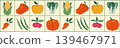 Seamless border of autumn vegetables and fruits. Minimalist icons of pumpkin, corn, pepper, and carrot for harvest festival, organic food packaging, and kitchen design. 139467971