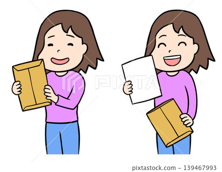 一組插圖，描繪了一位女士拿著信封，另一位女士高興地從信封裡取出文件。 139467993