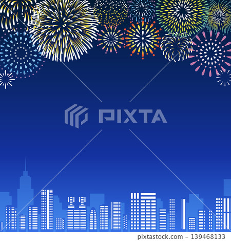 Square background frame illustration of a city nightscape and fireworks. Square background frame illustration of a city nightscape and fireworks. 139468133